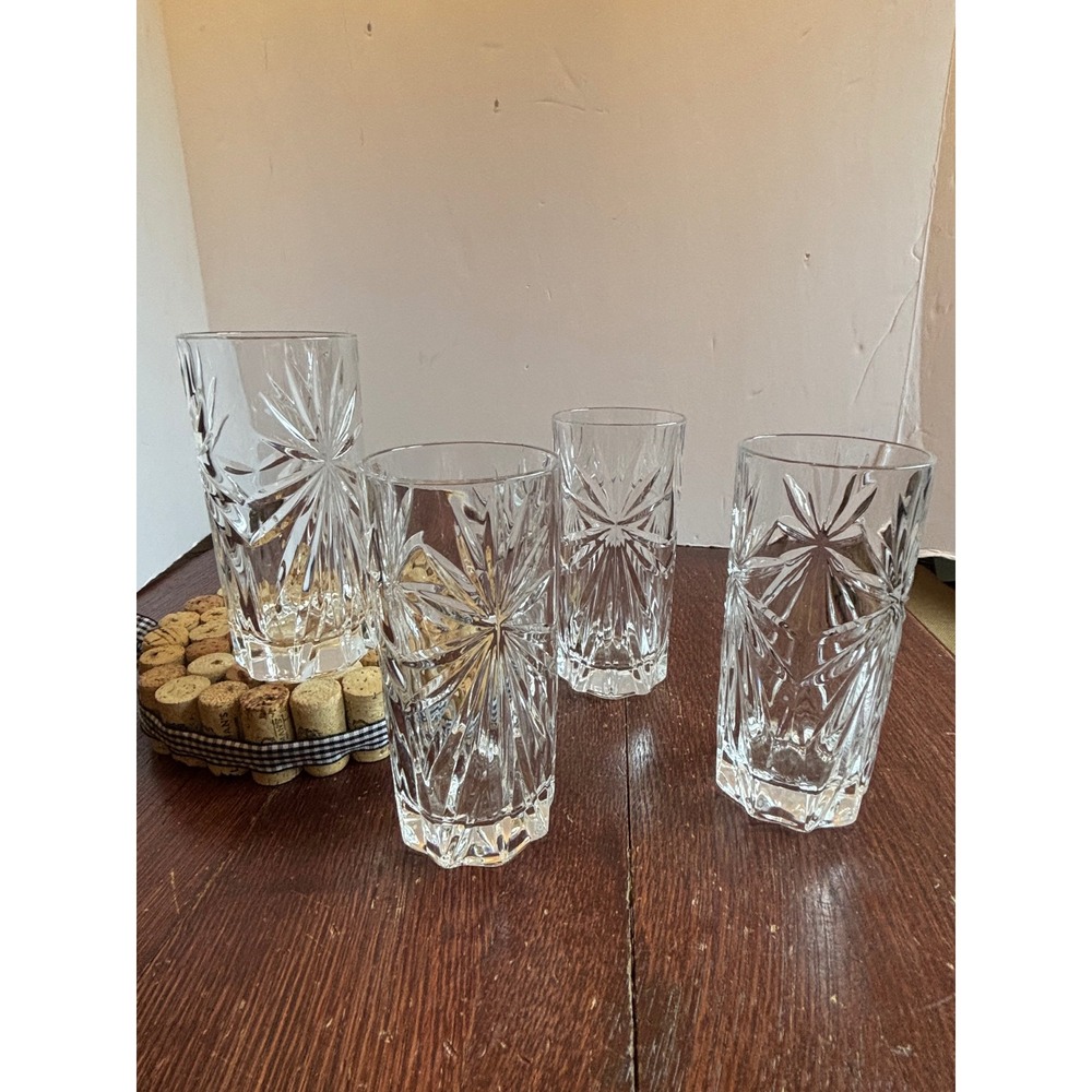 Vintage Cut Glass Starburst Highball Tumbler‎ Glasses Set 4 Clear Crystal Style